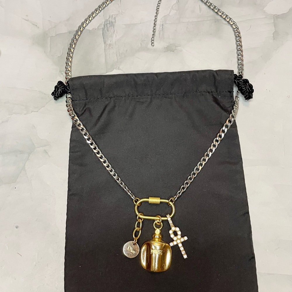 Upcycled Gold Carabiner Charms Mixed Metal Cuban Link Necklace - Picture 4 of 4